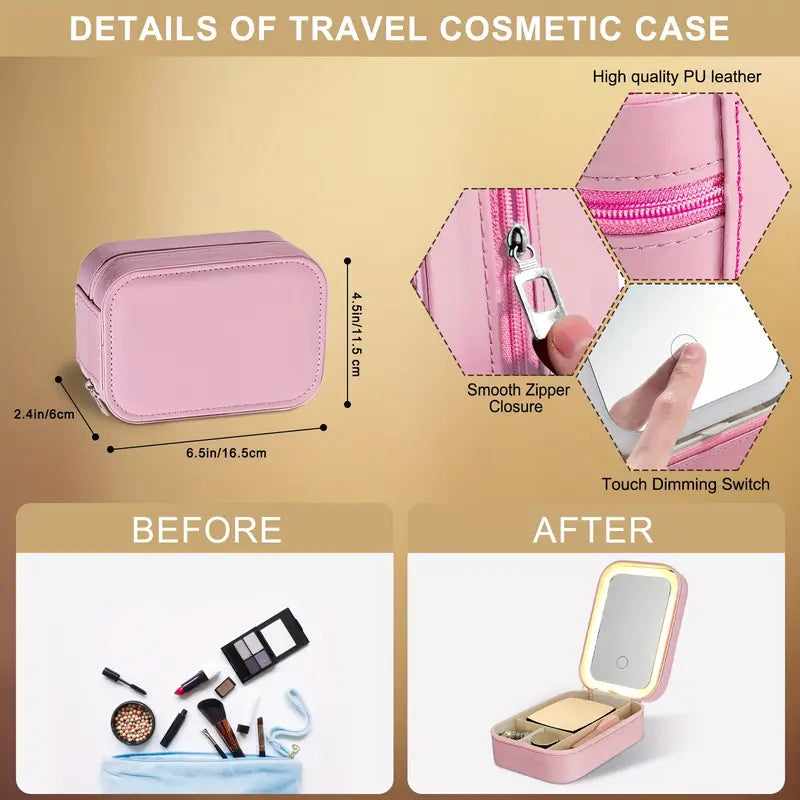 Compact Makeup Bag With LED Mirror, Rechargeable Makeup Mirror with Touch, Ideal Gift for Her, Home & Travel Use