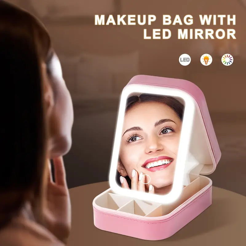 Compact Makeup Bag With LED Mirror, Rechargeable Makeup Mirror with Touch, Ideal Gift for Her, Home & Travel Use