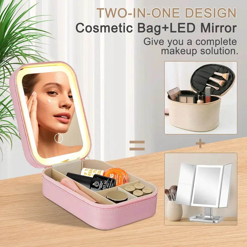 Compact Makeup Bag With LED Mirror, Rechargeable Makeup Mirror with Touch, Ideal Gift for Her, Home & Travel Use